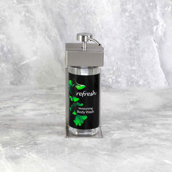 Dispenser Amenities SOlera 1 Chamber Satin Silver Dispenser, Oval Bottle, Ginkgo Lable, 360ml