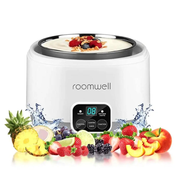 Roomwell Automatic Digital Yogurt Maker with 7pcs Glass Jars/Lids 49 Oz (7Oz Each Jar) and 1 60Oz, Stainless Steel Liner, Fermentation Machine for Yogurt