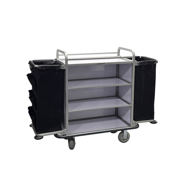Wheelmate Duro Housekeeping Trolley with Bag, White, Top Tray, 3 Shelves, 8" Silent Solid Wheels